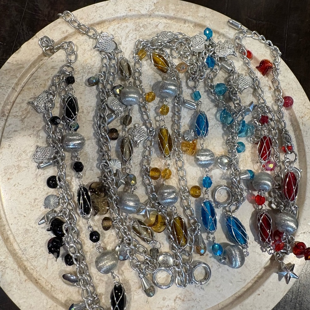 Lot of 5 colorful glass bead and silver tone charm ankle bracelets
